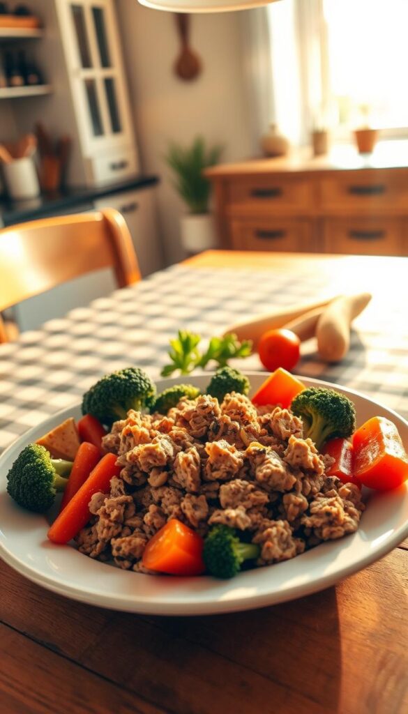 A delightful, home-cooked ground turkey dinner, bathed in warm, golden light and captured from a semi-overhead angle. In the foreground, a plate brimming with juicy, seasoned turkey, nestled among vibrant vegetables - tender broccoli florets, crisp carrots, and succulent tomatoes. The middle ground showcases a simple, rustic wooden table, its surface adorned with a classic checked tablecloth. In the background, a cozy, inviting kitchen, its walls painted in a soft, neutral hue, completes the comforting, homely scene. The overall mood is one of ease, simplicity, and wholesome nourishment, capturing the essence of an "easy ground turkey dinner idea."