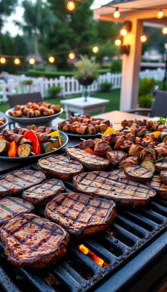 A delightful outdoor scene showcasing a variety of mouthwatering grilled dishes. In the foreground, succulent juicy steaks sizzle on a well-charred grill, their grill marks glistening in the warm evening light. Surrounding the grill, a spread of vibrant grilled vegetables - zucchini, bell peppers, and eggplant - exude a smoky aroma. In the middle ground, a bountiful platter of grilled chicken skewers, marinated to perfection, sits ready to be devoured. In the background, a picturesque patio setting with string lights overhead sets the mood for an al fresco dining experience. The overall scene evokes a sense of summer, of casual elegance, and of the joy of gathering around the grill for a delicious home-cooked meal.