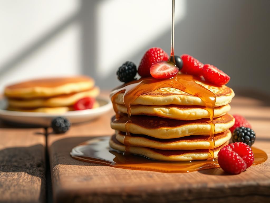 A delightful stack of fluffy, golden-brown mini pancakes, drizzled with warm maple syrup and garnished with fresh berries, nestled on a rustic wooden table. Warm, indirect lighting casts a soft, inviting glow, casting gentle shadows that accentuate the texture of the pancakes. In the background, a simple, minimalist setting with a clean, white background, allowing the pancakes to be the focal point. The overall composition and styling evoke a sense of homemade comfort and effortless elegance, perfectly capturing the "Serving Suggestions" for these delicious mini pancakes.
