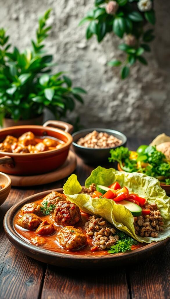 A diverse selection of delectable ground turkey dishes from around the world, artfully arranged on a wooden table. In the foreground, a savory Turkish-inspired meatball stew simmers in a clay pot, its aroma wafting through the air. Beside it, a fragrant Thai curry with ground turkey and vibrant vegetables glistens in the warm lighting. In the middle ground, a Mexican-style lettuce wrap with ground turkey, pico de gallo, and avocado slices is prepared, showcasing the versatility of this lean protein. The background features lush greenery and a rustic, textured wall, creating a cozy, inviting atmosphere for this international culinary experience.