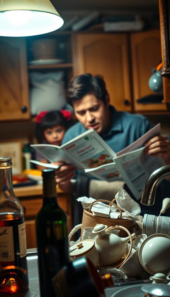 A frenzied kitchen, illuminated by the warm glow of a flickering overhead light, a harried parent frantically sifting through a jumble of takeout menus and crumpled recipe cards, their expression etched with a mix of exhaustion and anxiety. In the foreground, a half-empty bottle of wine and an overflowing sink of dirty dishes, a visual metaphor for the overwhelming demands of feeding a busy family. The middle ground is hazy, with the outline of a child peeking around the corner, a reminder of the central motivation driving this dinner dilemma. The background fades into a blurred, chaotic blur, symbolizing the overwhelming nature of the task at hand.