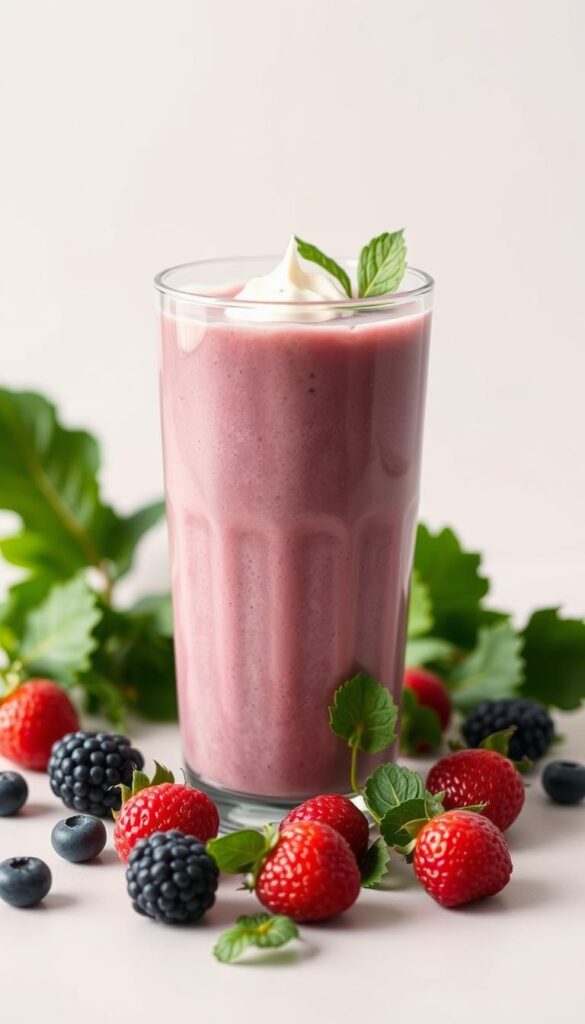 A glass filled with a smooth, creamy low-carb protein smoothie, composed of fresh berries, leafy greens, and a scoop of protein powder. The vibrant colors contrast against a simple, light-colored background, creating a clean, minimal aesthetic. Soft, diffused lighting illuminates the drink, highlighting its velvety texture. The composition is centered, allowing the smoothie to take center stage as the focal point. The overall mood is refreshing, healthy, and inviting, perfectly capturing the essence of a nourishing low-carb protein-packed beverage.