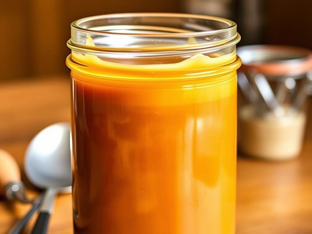 A glass jar filled with smooth, rich caramel sauce, glistening in the soft, warm lighting of a cozy kitchen. The sauce appears thick and creamy, with a glossy, amber hue that hints at its deep, complex flavor. The jar is placed on a wooden surface, perhaps a kitchen counter or table, surrounded by a few simple kitchen utensils, suggesting a practical, functional setting for storing and reheating this delectable condiment. The overall scene conveys a sense of homemade comfort and culinary delight, perfectly complementing the article's focus on mastering the art of making and preserving homemade caramel sauce.