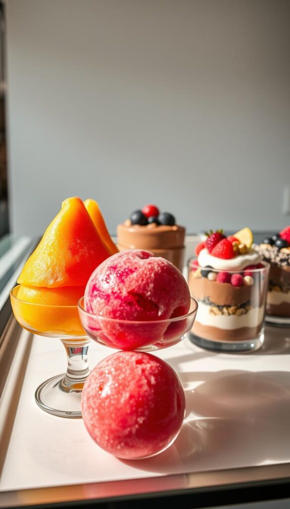 A gleaming glass display holds an array of vibrant fruit sorbets and protein-packed desserts. In the foreground, silky-smooth sorbets in flavors like mango, raspberry, and passionfruit, their vivid hues shimmering under warm overhead lighting. Behind them, decadent chocolate mousse cakes and creamy chia puddings dotted with fresh berries and nuts, their textures inviting a sensory exploration. The background features a minimalist kitchen counter or table, clean lines and neutral tones allowing the desserts to take center stage. Crisp shadows and highlights accentuate the artful presentation, evoking a sense of high-end sophistication and delightful indulgence.