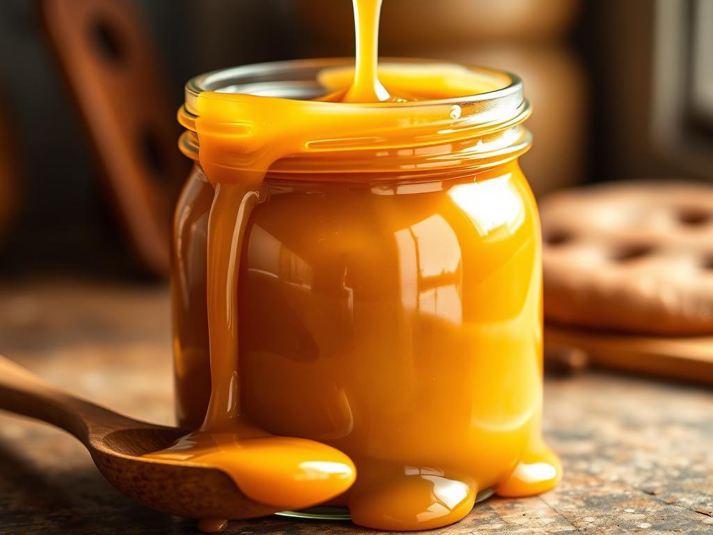 A gleaming glass jar filled with smooth, golden caramel sauce. Shimmering in warm, soft lighting, the thick, glistening liquid clings to the sides, begging to be drizzled over freshly baked pastries. Nearby, a wooden spoon waits to stir and taste the homemade delight, its rich aroma wafting through the air. In the background, a rustic kitchen counter provides a simple, natural backdrop, allowing the star of the scene - the irresistible caramel - to take center stage. Captured with a close-up, high-resolution lens, this image evokes the simple pleasure and satisfaction of crafting your own indulgent caramel sauce at home.
