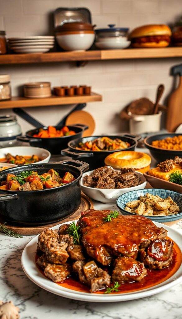 A gourmet kitchen counter overflows with an artful array of creative chuck roast dishes. In the foreground, a tender, slow-braised chuck roast is plated, garnished with fresh herbs and a rich, glossy sauce. Beside it, a hearty chuck roast stew bubbles in a cast-iron pot, fragrant with aromatic vegetables. In the middle ground, a flaky, golden-crusted chuck roast pot pie awaits slicing, its buttery pastry a perfect complement to the succulent meat. Behind, shelves display tempting options - a zesty chuck roast chili, a comforting chuck roast and vegetable hash, and an indulgent chuck roast stroganoff. Warm lighting casts a cozy glow, inviting the viewer to explore these flavorful, innovative takes on the humble chuck roast.