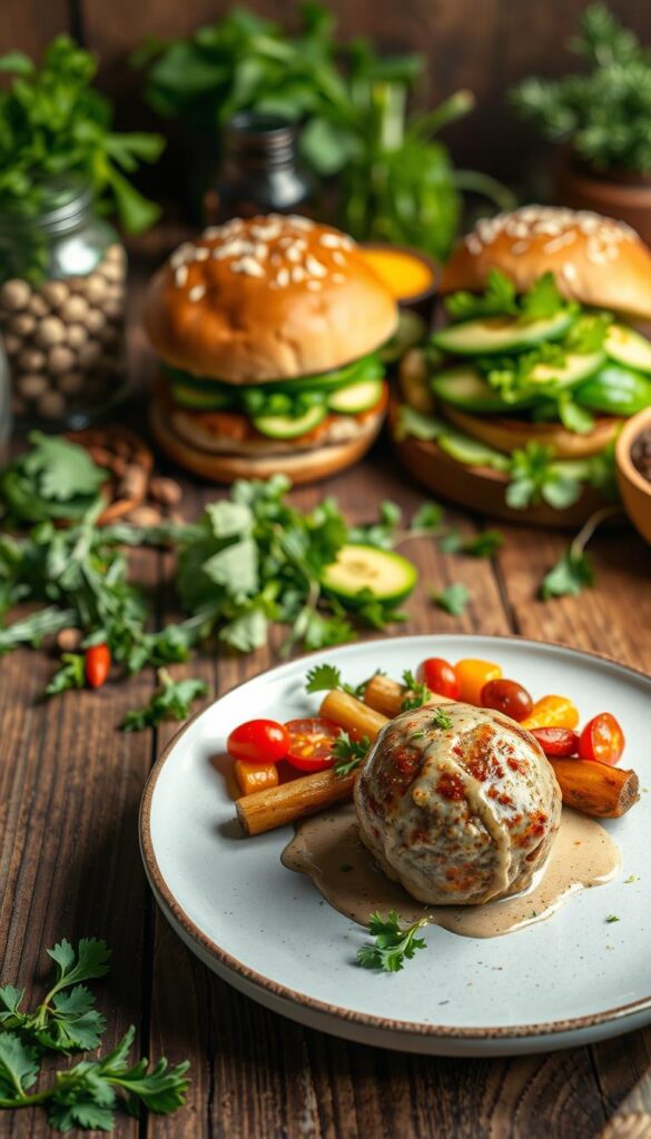 A gourmet meal of healthy ground turkey dishes, beautifully presented on a wooden table with a rustic, natural setting. In the foreground, a plate showcases a delicious turkey meatball with a side of roasted vegetables, drizzled with a light, aromatic sauce. In the middle ground, a turkey burger with fresh greens and avocado slices rests on a whole-grain bun. The background features an array of fresh herbs, spices, and other ingredients, conveying a sense of culinary artistry and wellness. The lighting is warm and inviting, casting a soft glow on the scene. Captured with a high-quality DSLR camera, the image exudes an appetizing, nutritious, and visually appealing atmosphere.