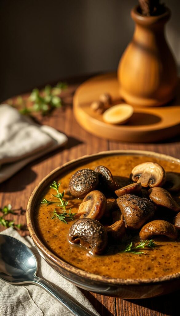 A gourmet mushroom soup with a rich, velvety texture, set against a backdrop of earthy tones. In the foreground, a bowl filled with a medley of sautéed wild mushrooms, their caps glistening with a drizzle of truffle oil. Surrounding the bowl, delicate sprigs of fresh thyme and a sprinkle of cracked black pepper. In the middle ground, a wooden table with a linen napkin and a spoon, casting soft shadows in the warm, indirect lighting. The background features a minimalist, yet elegant setting, with a subtle hint of natural wood and muted colors, creating a cozy and inviting atmosphere.