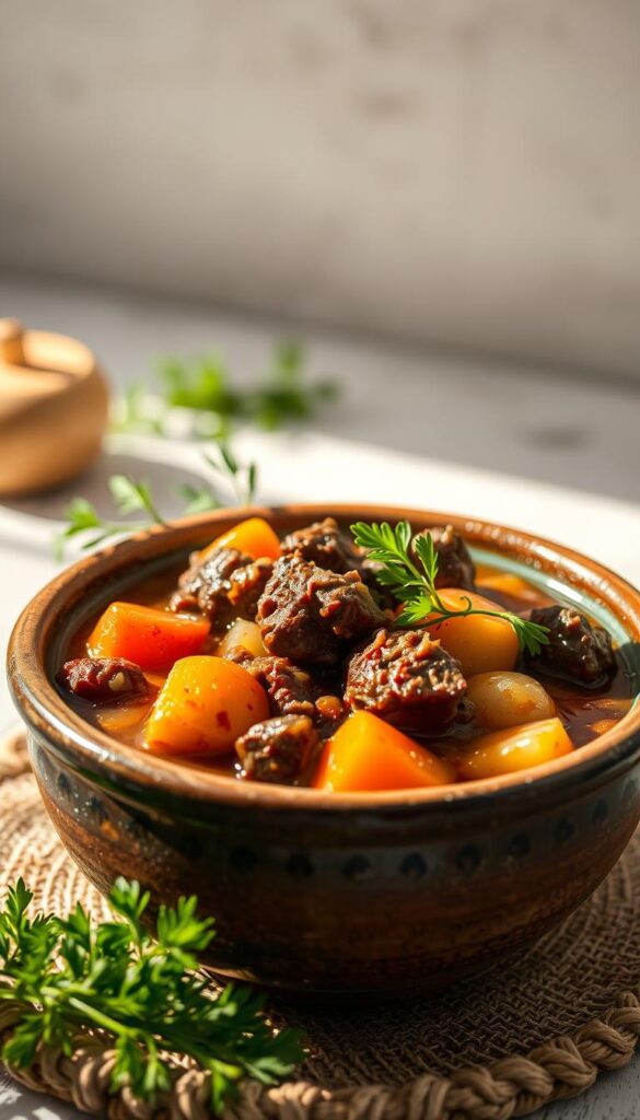 A health-focused, appetizing close-up of a hearty beef stew in a rustic ceramic bowl, illuminated by warm natural lighting. The stew is brimming with tender beef chunks, vibrant vegetables like carrots, potatoes, and onions, and a rich, flavorful broth. The scene conveys the nourishing, comforting qualities of this wholesome dish. The background features a clean, minimalist setting with subtle textures, letting the stew take center stage. The overall mood is inviting and visually enticing, capturing the essence of a satisfying, nutritious meal.