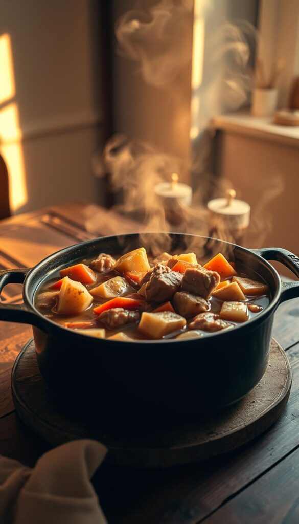A hearty pork stew simmering in a cast-iron pot, steam rising from the surface, revealing tender chunks of pork, carrots, potatoes, and onions in a rich, savory broth. The pot is situated on a rustic wooden table, bathed in warm, golden lighting that casts soft shadows, creating a cozy, inviting atmosphere. The background features a simple, minimalist kitchen with clean, white walls, hinting at the dish's homemade, comforting nature. The scene conveys the essence of a nourishing, slow-cooked meal, perfect for a cold winter day.