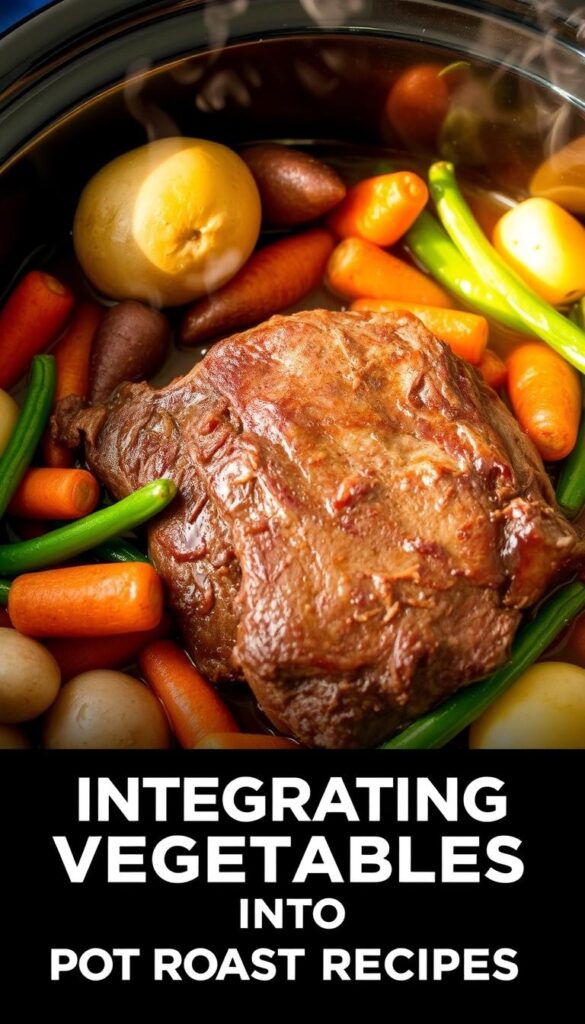 A hearty pot roast simmering in a crock pot, surrounded by an array of vibrant vegetables - tender carrots, earthy potatoes, and fresh green beans. The savory aroma fills the air, as steam rises from the slow-cooked blend. Warm, soft lighting casts a cozy glow, highlighting the rustic textures of the dish. The vegetables are seamlessly integrated, their flavors mingling with the succulent beef to create a comforting, homestyle meal. This scene captures the essence of "Integrating Vegetables into Pot Roast Recipes" - a delicious and nutritious way to elevate a classic dish.
