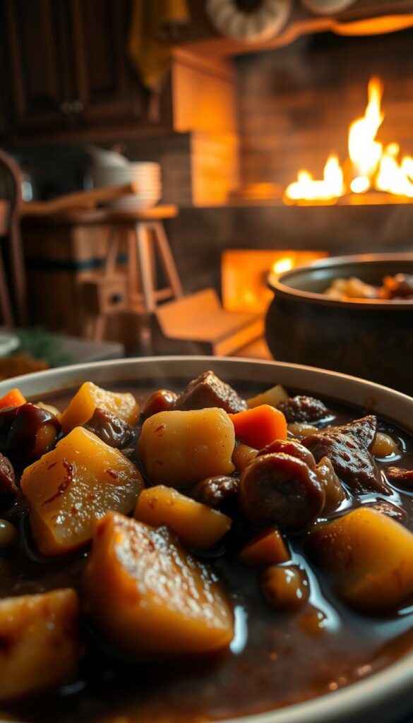 A hearty, steaming bowl of beef stew, the ultimate comfort food. In the foreground, chunks of tender beef and potatoes, carrots, and onions are cooked to perfection, their rich, savory flavors melding together. The middle ground features a thick, glossy brown gravy, glistening with a hint of red wine. In the background, a cozy kitchen scene with rustic wooden cabinets and a crackling fireplace, casting a warm, inviting glow. Dramatic side lighting illuminates the tantalizing dish, evoking a sense of home and nourishment. The overall mood is one of comforting familiarity, a dish that warms the soul on a chilly day.