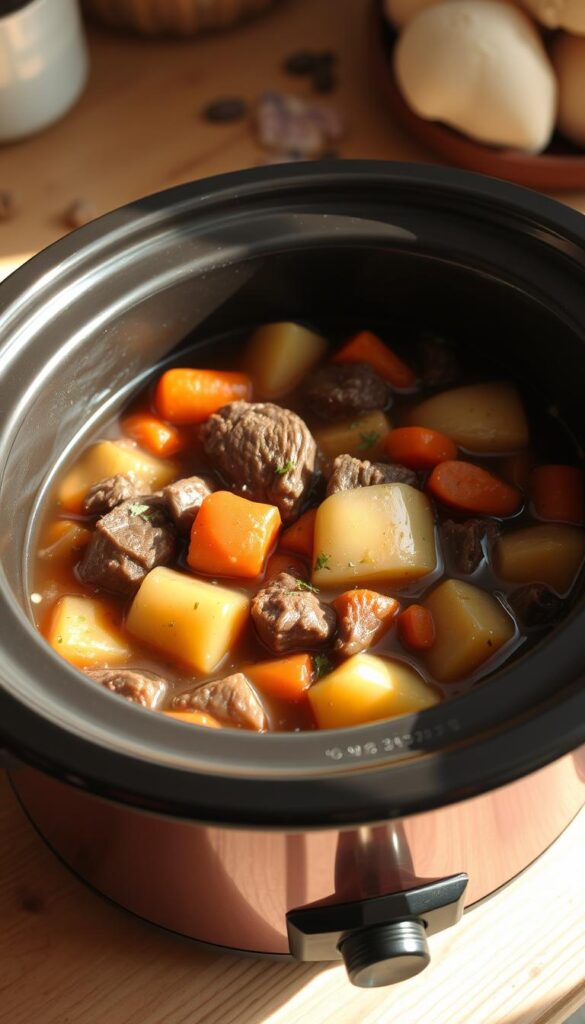 A hearty, steaming crock pot filled with tender chunks of beef, root vegetables, and a thick, rich broth. Tender potatoes, carrots, and onions mingle with the meltingly soft meat, all seasoned with aromatic herbs and spices. A single, tantalizing stew, simmered to perfection in the slow cooker, filling the kitchen with a comforting aroma. Soft natural lighting casts a warm glow on the scene, highlighting the deep, earthy tones of the stew. The image frames the crock pot in the foreground, with the simmering stew visible through the glass lid. Behind it, a rustic wooden table and a simple, uncluttered backdrop create a cozy, homey atmosphere.