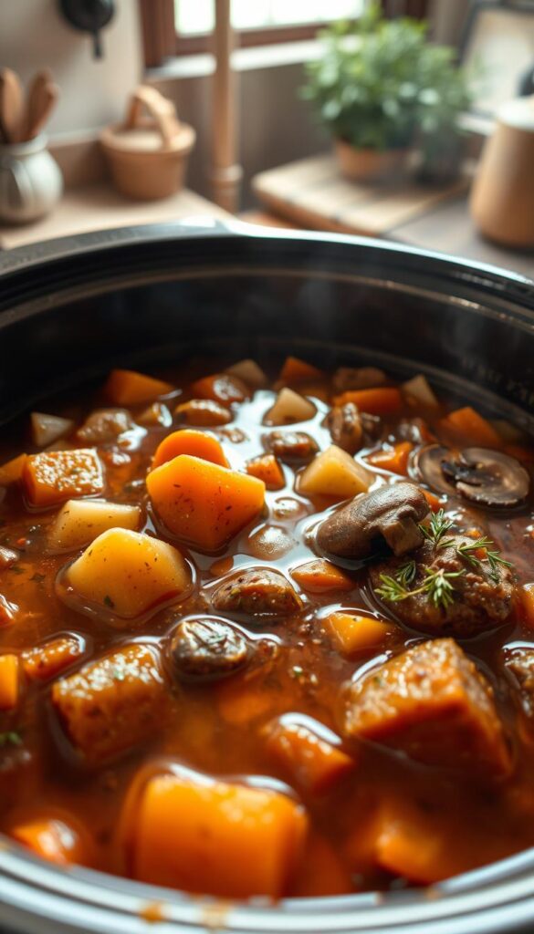 A hearty, vegetarian beef stew simmering gently in a slow cooker, the rich, savory broth infused with the aroma of roasted vegetables. In the foreground, chunks of tender, plant-based meat alternatives, carrots, potatoes, and onions, all swimming in a thick, nourishing liquid. The middle ground features earthy mushrooms and a medley of aromatic herbs, their flavors melding together to create a comforting, homemade dish. The background depicts a cozy, rustic kitchen, with natural lighting filtering through a window, casting a warm, inviting glow on the simmering stew. The scene evokes a sense of comfort, nourishment, and the satisfying simplicity of a wholesome, meatless meal.