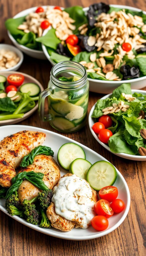 A high-contrast, well-lit image of a selection of low-carb, high-protein meals arranged on a wooden table. In the foreground, a plate with grilled chicken breast, sautéed spinach, and roasted broccoli florets. In the middle ground, a mason jar filled with a creamy avocado and Greek yogurt dip, accompanied by sliced cucumber and cherry tomatoes. In the background, a large bowl of mixed greens, topped with slivered almonds, shredded chicken, and a light vinaigrette dressing. The overall scene has a clean, healthy, and appetizing atmosphere, showcasing a variety of nutritious, low-carb, high-protein meal options.