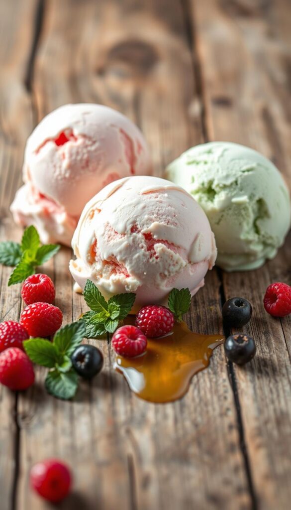 A high-quality, close-up shot of three vibrant, sugar-free ice cream scoops on a rustic wooden table. The scoops are in various pastel colors, perhaps vanilla, strawberry, and mint. The table is adorned with a few fresh berries, mint leaves, and a drizzle of honey, creating a natural, appetizing atmosphere. Soft, warm lighting gently illuminates the scene, emphasizing the creamy, velvety texture of the ice cream. The overall mood is one of healthful indulgence and simple, homemade delight.