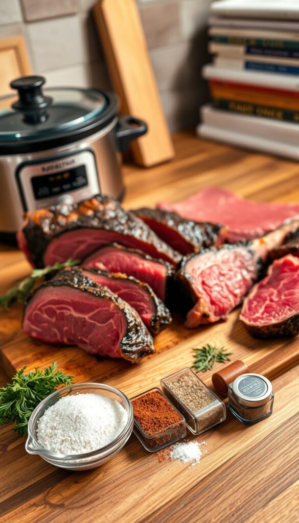 A high-quality, detailed photograph of a cutting board on a wooden kitchen counter, showcasing various cuts of tender, well-marbled beef, such as chuck roast, brisket, and short ribs. Beautifully lit from the side to accentuate the texture and color of the meat, with a soft, warm lighting that creates a cozy, inviting atmosphere. In the foreground, a selection of herbs, spices, and seasonings are neatly arranged, hinting at the flavorful preparation to come. The background is slightly blurred, but hints at other kitchen elements, such as a slow cooker or a stack of cookbooks, establishing the context of the "Cooking Tips for Perfectly Tender Meat Every Time" section.