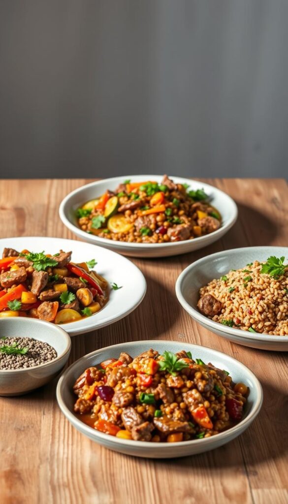 A high-quality, well-lit photograph of a wooden table against a soft, blurred background showcasing a variety of healthy ground beef recipes. The recipes include a savory beef and veggie stir-fry, a beef and barley soup, and a beef and quinoa stuffed pepper. The dishes are plated beautifully, with fresh herbs, vibrant vegetables, and a warm, inviting color palette. The lighting is natural and slightly diffused, casting gentle shadows and highlights on the food. The camera angle is slightly elevated, creating a sense of depth and drawing the viewer's eye to the delicious, nutritious ground beef dishes.