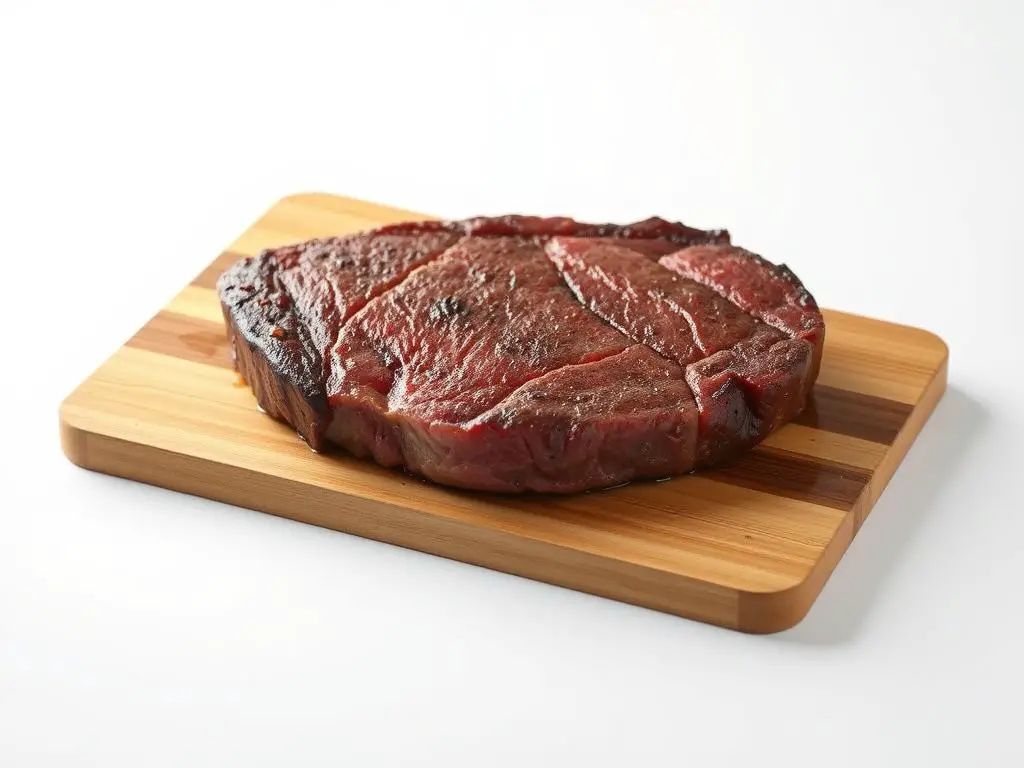 A juicy New York strip steak resting on a wooden cutting board, its surface glistening with natural juices. The steak is surrounded by a minimalist, serene composition - a plain white background illuminated by soft, warm lighting from above, creating gentle shadows and highlights that accentuate the meat's texture and color. The scene conveys a sense of tranquility and anticipation, inviting the viewer to savor the moment before the steak is served.