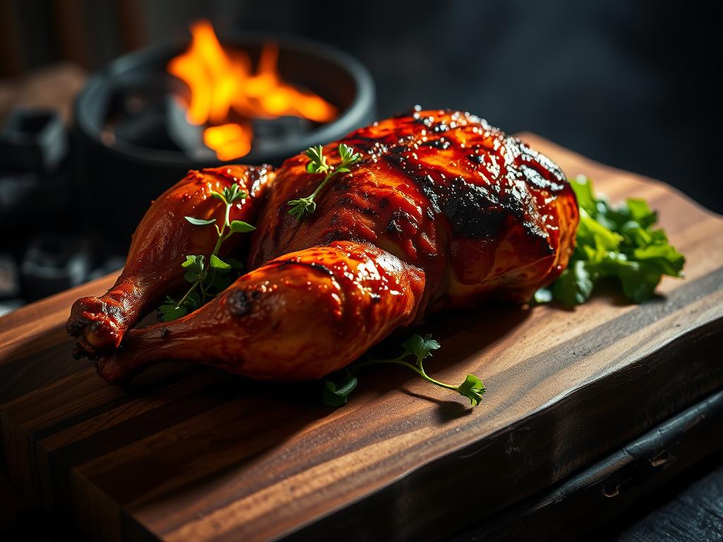 A juicy, flame-grilled BBQ chicken, its skin crispy and caramelized, resting atop a rustic wooden cutting board. The chicken is garnished with fresh thyme sprigs and a vibrant green salad, creating a mouthwatering contrast. Dramatic lighting casts dramatic shadows, highlighting the succulent meat and enticing the viewer. The scene is set against a moody, atmospheric background, with hints of charcoal briquettes and the warm glow of a nearby fire pit. This image encapsulates the essence of the perfect grilled chicken, inviting the viewer to explore the nuances of marinating versus dry rub techniques.