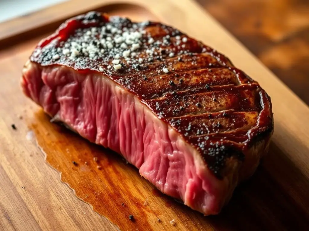 A juicy, well-marbled New York strip steak, seared to a perfect medium-rare, rests on a wooden cutting board. The meat glistens under the warm, natural lighting, revealing its rich, crimson interior. Crisp, golden-brown edges contrast with the tender, pink center. A light dusting of coarse salt and freshly cracked black pepper accentuates the steak's robust, beefy flavor. The scene evokes a sense of rustic elegance, inviting the viewer to imagine the delicious, savory meal that awaits.