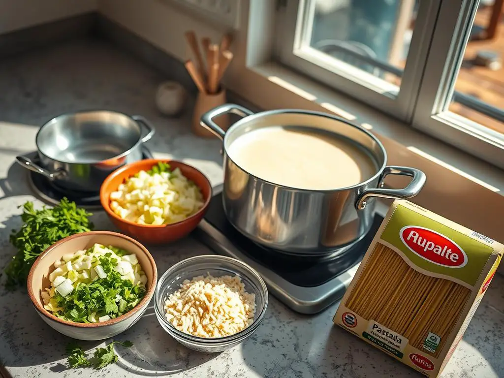 A kitchen countertop with fresh ingredients for making white sauce pasta - a pan of boiling water, a pot of creamy white sauce simmering on the stove, a bowl of freshly chopped onions, garlic, and parsley, grated Parmesan cheese, and a box of dried pasta noodles. The scene is brightly lit from a large window, casting warm, natural light that creates shadows and highlights the textures of the various elements. The overall mood is one of a comforting, homemade meal being prepared with care and attention to detail.