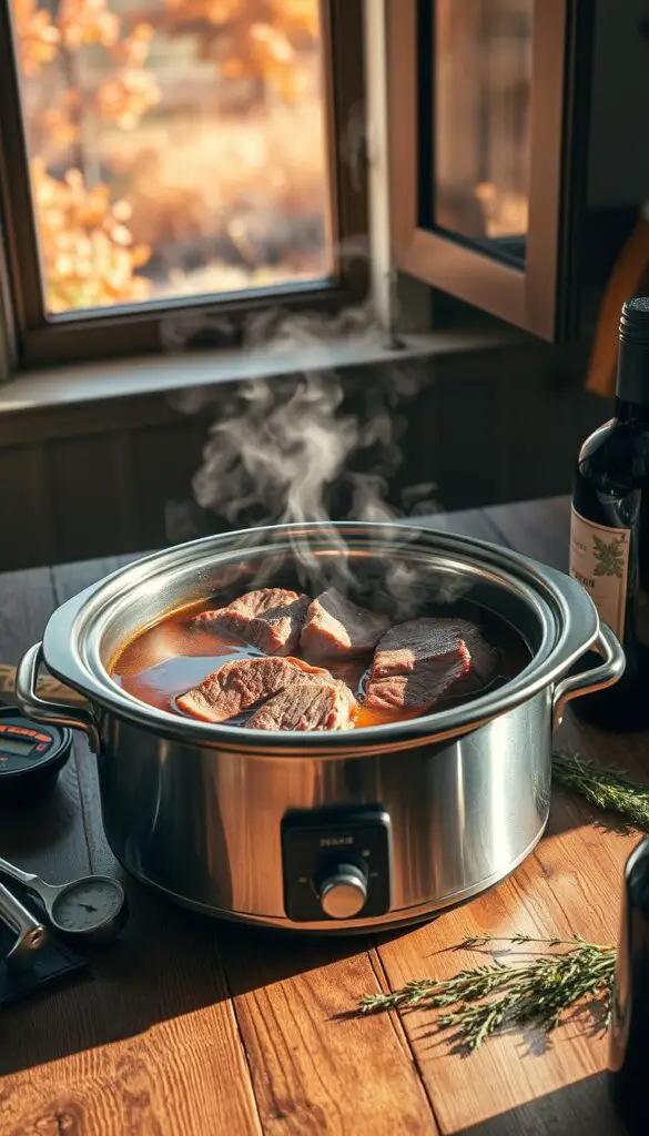 A large stainless steel crock pot sits on a rustic wooden table, steam billowing from the lid. Inside, slices of roast beef swim in a pool of rich, bubbling au jus. Surrounding the crock pot are various kitchen tools and ingredients - a meat thermometer, a pair of tongs, sprigs of fresh thyme, and a bottle of red wine. The scene is bathed in warm, golden lighting, casting dramatic shadows across the tabletop. In the background, a partially open kitchen window reveals a glimpse of an autumn landscape, with colorful leaves swirling in the gentle breeze. The overall mood is one of cozy, homespun comfort, tinged with a hint of culinary frustration as the cook attempts to troubleshoot the roast beef cooking process.