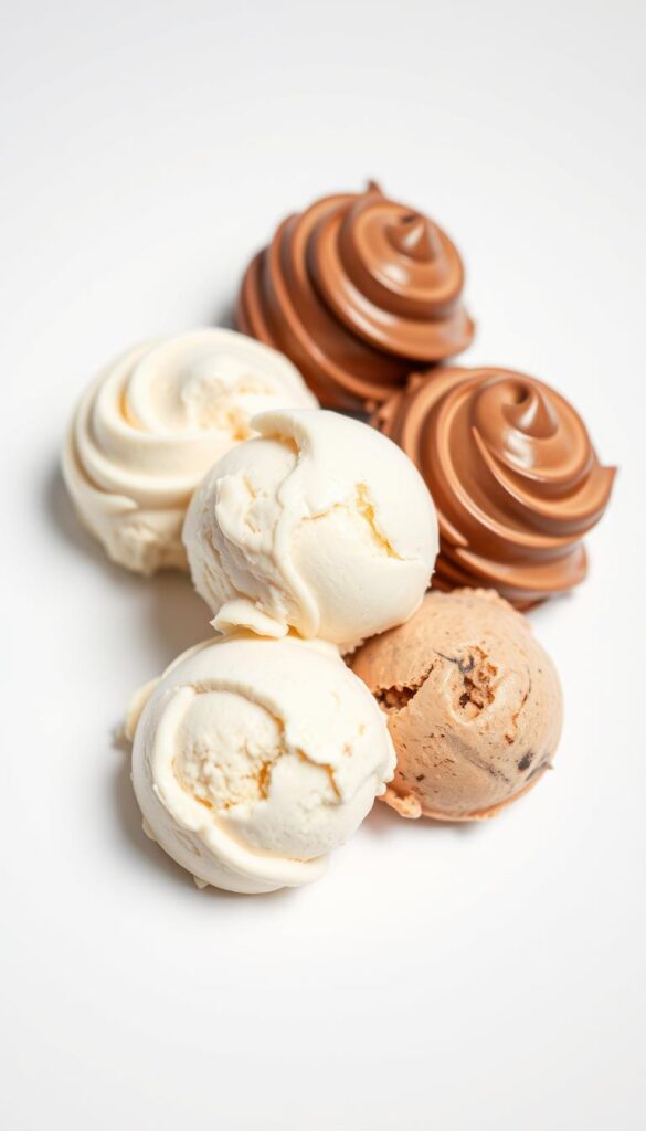 A meticulously crafted close-up of tempting ice cream scoops, each with a distinct texture and flavor - from smooth and creamy vanilla to rich, swirling chocolate. The scoops are artfully arranged on a pristine white background, softly lit from the side to highlight their alluring shapes and glistening surfaces. The composition exudes a sense of temptation and indulgence, inviting the viewer to imagine the delightful taste and mouthfeel of these perfectly crafted ice cream treats. The overall mood is one of sophisticated simplicity, allowing the ice cream to take center stage as the focal point of the image.