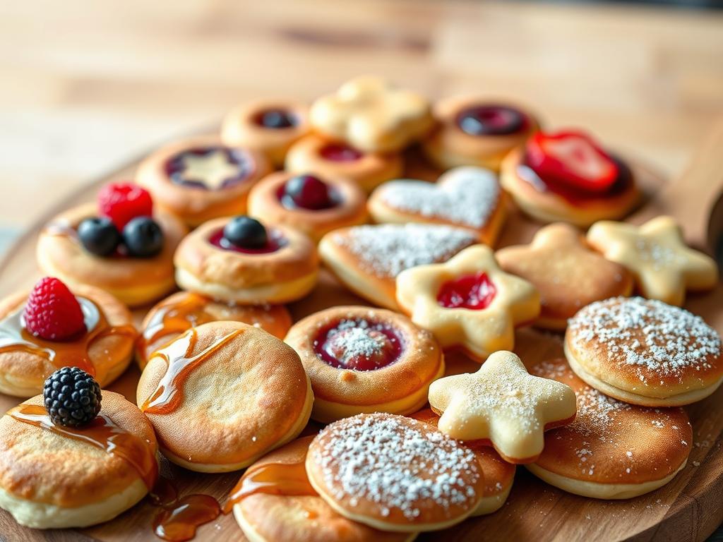 A meticulously styled still life showcasing an array of delectable mini pancakes. In the foreground, an assortment of fluffy, golden-brown pancakes, each adorned with a unique topping or filling - fresh berries, drizzles of maple syrup, dusting of powdered sugar. The middle ground features a variety of pancake shapes and sizes, from classic round to whimsical hearts and stars, all glistening under the warm, natural lighting. In the background, a rustic wooden surface, perhaps a cutting board or kitchen table, adds depth and texture to the scene. The overall mood is one of inviting simplicity, highlighting the delightful variations and presentation of these bite-sized breakfast treats.