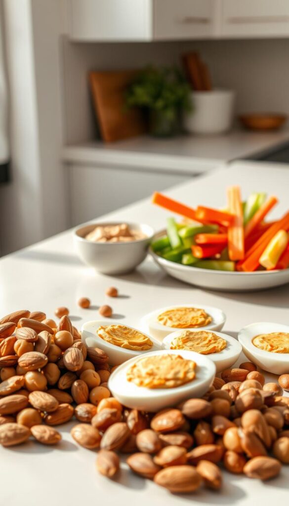 A minimalist kitchen countertop, crisp and clean, showcases a variety of nourishing high-protein, low-carb snacks. In the foreground, an assortment of raw almonds, roasted chickpeas, and sliced hard-boiled eggs are artfully arranged, their textures and colors creating a visually appealing composition. In the middle ground, a small bowl of creamy hummus and a plate of fresh, crunchy vegetables such as carrot sticks and celery stalks invite the viewer to indulge in a satisfying and healthy snacking experience. The gentle, natural lighting casts a warm, inviting glow, evoking a sense of simplicity and wellness. The overall mood is one of effortless, nutritious indulgence, perfect for the "Easy High Protein Low Carb Snacks" section of the article.