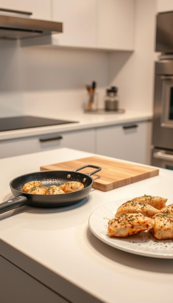 A modern kitchen counter, neatly arranged with essential cooking tools: a sharp chef's knife, a cutting board, a sizzling skillet, and a plate of freshly seasoned chicken breasts. Soft, even lighting illuminates the scene, casting a warm, inviting glow. The chicken sizzles and sears, a tantalizing aroma filling the air. In the background, a clean, minimalist backsplash and sleek appliances suggest efficiency and convenience. The overall mood is one of effortless culinary mastery, where delicious meals can be prepared quickly and with minimal fuss.