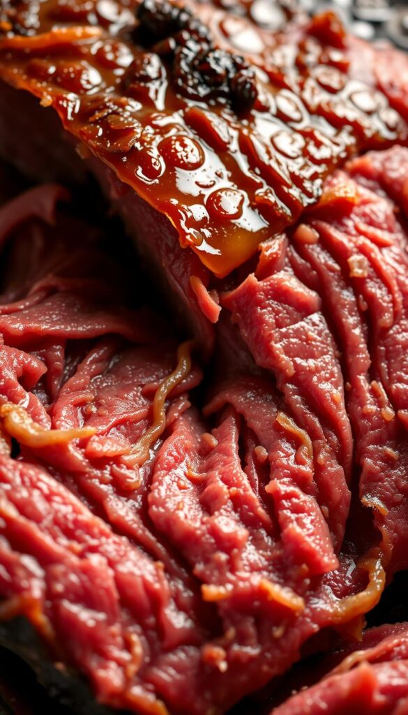 A mouth-watering close-up of tender corned beef, slow-cooked to perfection. The meat glistens with a rich, caramelized exterior, while the interior is tender and juicy, with strands of beef that pull apart effortlessly. Gentle lighting from the side casts soft shadows, highlighting the succulent texture and the delicate layers of fat that have melted into the meat. The image is framed to draw the viewer's attention to the center of the frame, where the star of the dish takes center stage, inviting the observer to imagine the deep, savory flavors and the tender, comforting experience of enjoying this classic dish.