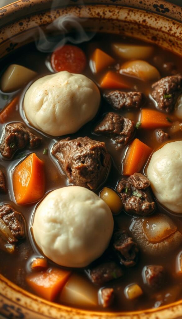 A mouth-watering crockpot beef stew, steaming hot with a rich, savory broth. Tender chunks of beef, carrots, potatoes, and onions in a beautifully caramelized blend, simmered to perfection. The aroma of garlic, herbs, and slowly-cooked spices fills the air, creating a cozy, inviting atmosphere. Soft, pillowy dumplings float atop the stew, adding a comforting, homemade touch. Captured in warm, natural lighting, the stew is presented in a rustic ceramic bowl, evoking the feeling of a hearty, homestyle meal. The scene exudes a sense of comfort and nostalgia, perfectly capturing the essence of a classic beef stew recipe.