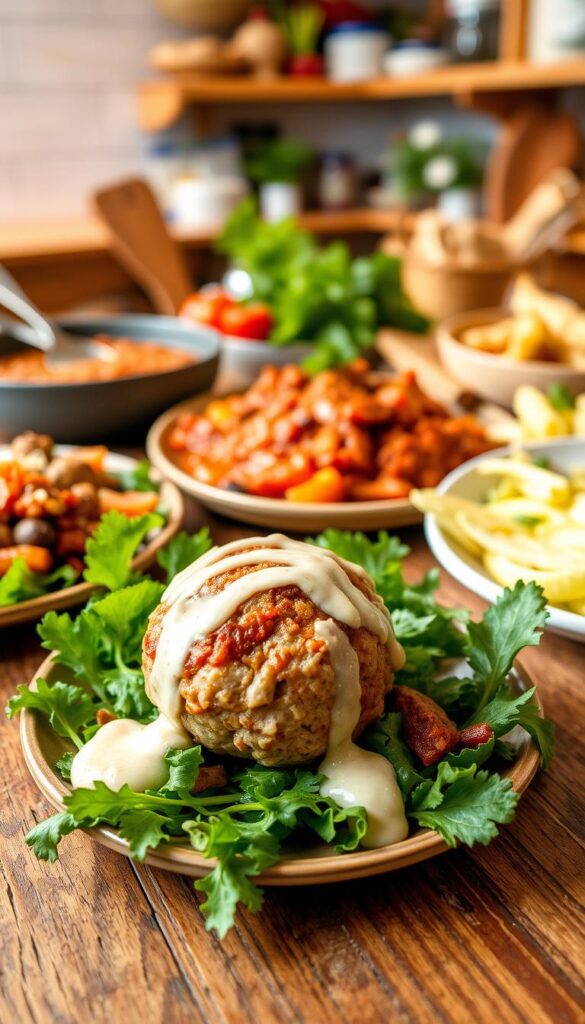 A mouth-watering spread of low-carb ground turkey dishes, artfully arranged on a rustic wooden table. In the foreground, a juicy turkey meatball nestled in a bed of fresh greens, drizzled with a creamy, low-fat sauce. In the middle, a hearty turkey chili, its rich, savory aroma filling the air, accompanied by a selection of vibrant, low-carb vegetable sides. The background features a well-stocked pantry, showcasing the versatile ingredients used to create these healthful and delectable meals. Warm, inviting lighting casts a gentle glow, capturing the comforting atmosphere of a cozy, low-carb dinner gathering.