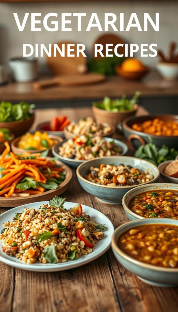 A mouth-watering spread of vibrant, plant-based dishes arranged on a rustic wooden table, illuminated by warm, natural lighting. In the foreground, a variety of colorful vegetables, grains, and legumes are perfectly cooked and elegantly presented, while in the middle ground, a delicate salad and a hearty lentil stew capture the essence of a nourishing, vegetarian dinner. The background features a soft, blurred kitchen scene, conveying a sense of homemade, wholesome goodness. The overall atmosphere is one of simplicity, balance, and culinary delight, perfectly encapsulating the concept of "Vegetarian Dinner Recipes for Weight Loss".