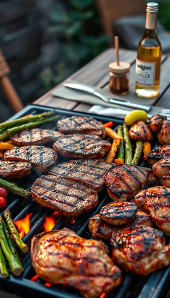 A mouthwatering array of grilled delicacies take center stage in a warm, inviting outdoor setting. Tender, juicy steaks sizzle over an open flame, emanating savory aromas. Crisp, charred vegetables like asparagus, zucchini, and bell peppers nestle alongside, adding vibrant pops of color. Plump, grill-kissed chicken thighs glisten with a caramelized crust, ready to be devoured. In the background, a rustic wooden table is laid with a linen cloth, complemented by gleaming utensils and a chilled bottle of white wine, setting the stage for an unforgettable alfresco dining experience. Soft, diffused lighting casts a golden glow, heightening the convivial atmosphere and inviting the viewer to savor every bite.