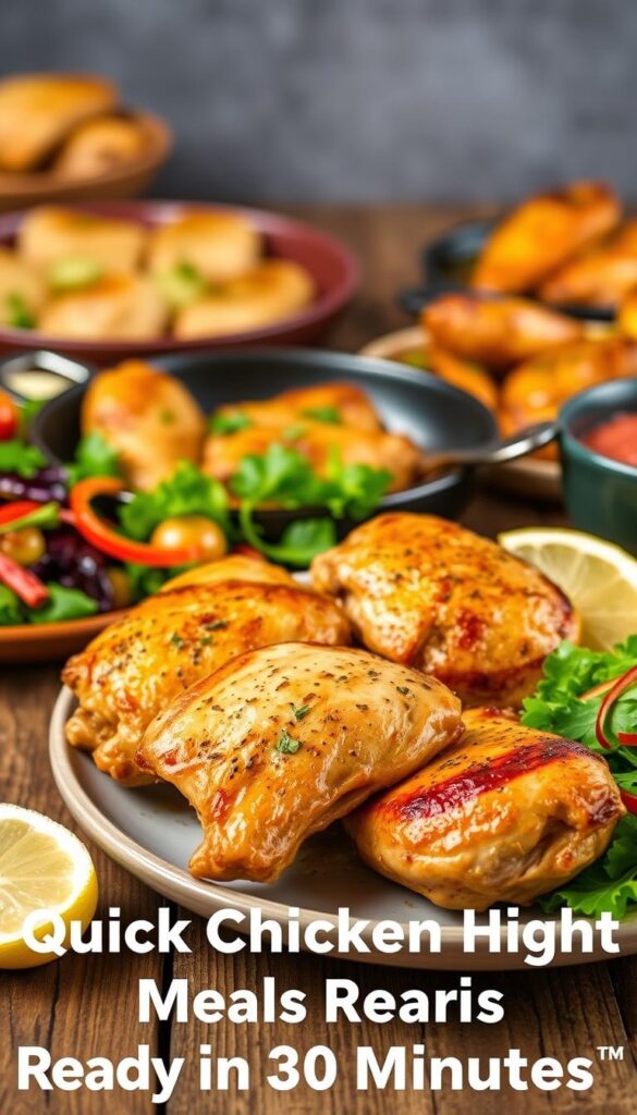 A mouthwatering assortment of quick and easy chicken thigh dishes, artfully arranged on a rustic wooden table. In the foreground, golden-brown pan-seared chicken thighs, seasoned to perfection, accompanied by a vibrant side salad and a lemon wedge. Slightly out of focus in the middle ground, a sizzling skillet with tender chicken thighs in a rich, creamy sauce, garnished with fresh herbs. In the background, a variety of quick chicken thigh recipes, each promising a flavorful meal ready in 30 minutes or less, captured in a warm, inviting light. The scene exudes a sense of effortless elegance and culinary expertise, perfectly capturing the essence of "Quick Chicken Thigh Meals Ready in 30 Minutes".
