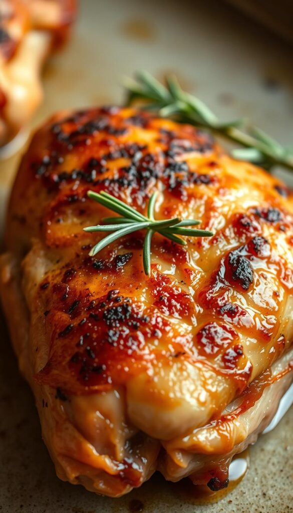 A mouthwatering close-up shot of a juicy, golden-brown oven-baked bone-in chicken thigh, fresh out of the oven. The skin has a crispy, flawless texture, glistening with natural juices. The thigh is nestled on a neutral-toned baking sheet, with a simple garnish of fresh rosemary sprigs arranged artfully around it. The lighting is soft and warm, casting gentle shadows that accentuate the succulent meat's tender appearance. The overall mood is inviting and appetizing, capturing the essence of a delectable, homemade oven-baked chicken dish.