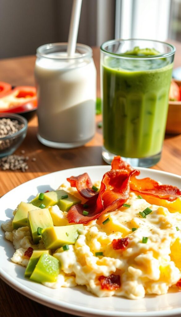 A mouthwatering high-protein, low-carb breakfast spread captured in natural morning light. In the foreground, a plate of fluffy scrambled eggs with diced avocado, crispy bacon, and a sprinkling of fresh chives. In the middle, a glass of refreshing keto-friendly smoothie made with spinach, almond milk, and a touch of vanilla. In the background, a wooden table with a selection of healthy condiments like chia seeds, nutritional yeast, and sliced tomatoes. The scene conveys a sense of wholesome, energizing nutrition with a clean, minimalist aesthetic.