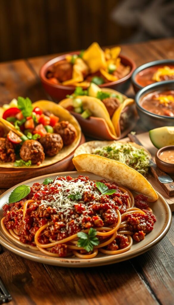 A mouthwatering spread of flavorful ground beef dishes arranged on a rustic wooden table. In the foreground, a steaming beef bolognese pasta with grated parmesan and fresh basil. Behind it, sizzling beef tacos topped with diced tomatoes, shredded lettuce, and creamy avocado. In the middle, tender meatballs in a rich tomato sauce, garnished with fresh herbs. The background features a hearty beef chili with melted cheddar and crunchy tortilla chips. Warm, inviting lighting casts a golden glow, evoking the comforting aromas of a home-cooked meal. The scene exudes a welcoming, family-friendly atmosphere, hinting at the delicious possibilities of ground beef in creative, flavor-packed dishes.