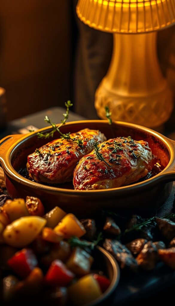 A mouthwatering still life arrangement of slow-cooked, fork-tender chicken breasts in a rustic earthenware dish, garnished with fresh thyme sprigs and served alongside roasted potatoes and sautéed vegetables. The scene is illuminated by warm, golden overhead lighting, creating a cozy, homely ambiance. The camera angle is slightly elevated, capturing the dish in an appetizing and visually appealing manner. The overall mood is comforting and inviting, perfectly reflecting the delicious and satisfying nature of this slow cooker chicken breast recipe.