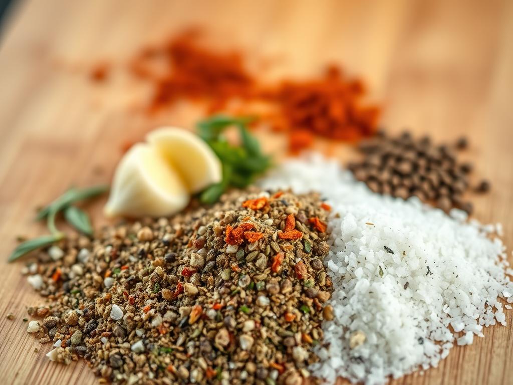 A neatly arranged assortment of essential ingredients for grilled chicken seasoning. In the foreground, a mix of coarse sea salt, freshly ground black pepper, and a variety of dried herbs such as rosemary, thyme, and oregano. In the middle ground, sliced garlic cloves and a sprinkle of smoked paprika. The background features a wooden cutting board, with a subtle vignette effect to draw the eye towards the center. The lighting is soft and natural, creating a warm, appetizing atmosphere. Captured with a shallow depth of field to emphasize the textures and colors of the seasoning blend.
