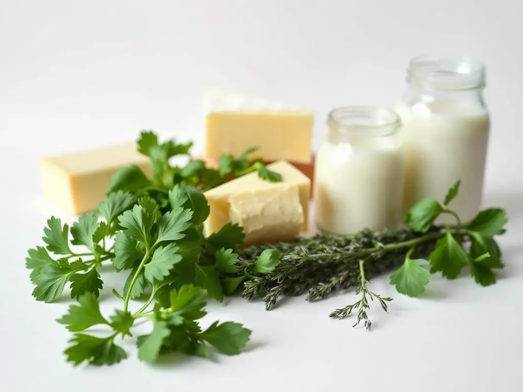 A neatly arranged still-life composition depicting the essential ingredients for creamy white sauce pasta. In the foreground, a selection of fresh herbs - parsley, basil, and thyme - arranged artfully. In the middle ground, a block of Parmesan cheese, a pat of butter, and a jar of heavy cream, all set against a crisp white background. The lighting is soft and diffused, casting gentle shadows and highlighting the textures of the ingredients. The overall mood is one of simplicity and culinary elegance, inviting the viewer to imagine the delicious dish that will result from these humble components.