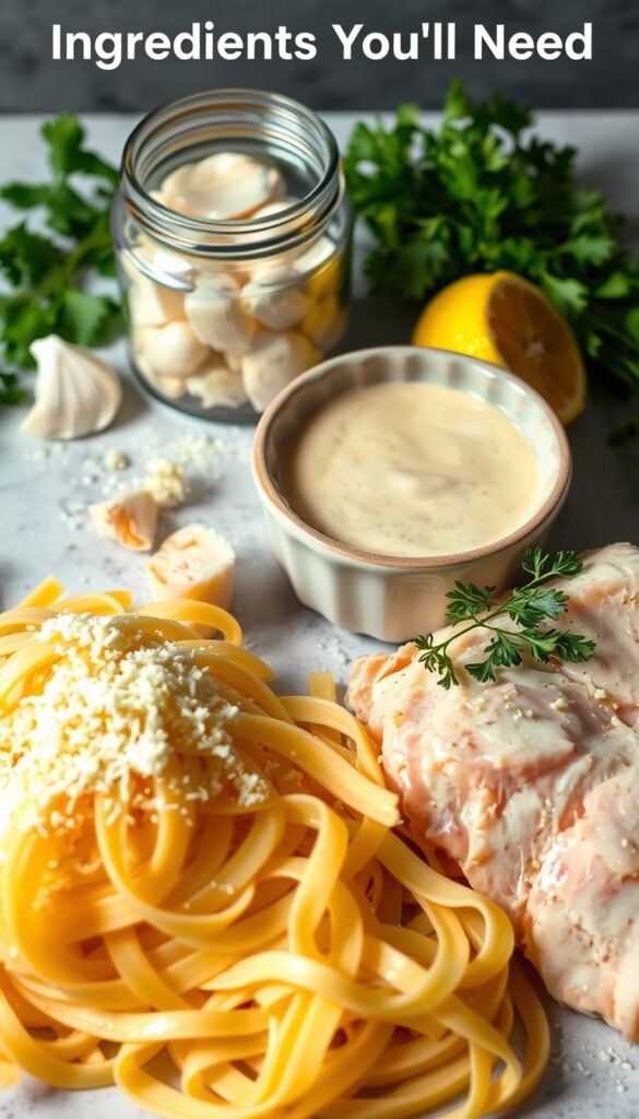 A neatly arranged still life of the key ingredients for a classic chicken alfredo dish. In the foreground, a pile of fettuccine pasta noodles, grated parmesan cheese, and a chicken breast sliced into tender pieces. In the middle ground, a rich, creamy alfredo sauce in a small ceramic bowl, with a wooden spoon dipped in. In the background, a glass jar of minced garlic, a bundle of fresh parsley, and a lemon cut in half. Soft, natural lighting from the side casts subtle shadows, highlighting the textures and colors. The scene conveys a sense of simple, homemade elegance, perfect for the "Ingredients You'll Need" section of the article.
