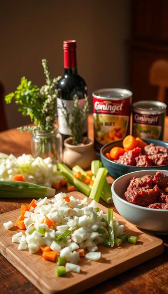 A neatly arranged table, illuminated by warm, natural lighting, showcases the essential ingredients for a hearty beef stew. In the foreground, a cutting board displays precisely chopped onions, carrots, and celery, the holy trinity of stew vegetables. Alongside, a bowl of succulent beef chunks, ready to be browned to perfection. In the middle ground, a variety of aromatic herbs, such as thyme, rosemary, and bay leaves, stand tall in a small ceramic pot, while a bottle of red wine and a can of beef broth provide the liquid foundation. The background is softly blurred, allowing the viewer to focus on the beautifully curated collection of stew essentials, creating an inviting and mouthwatering scene.
