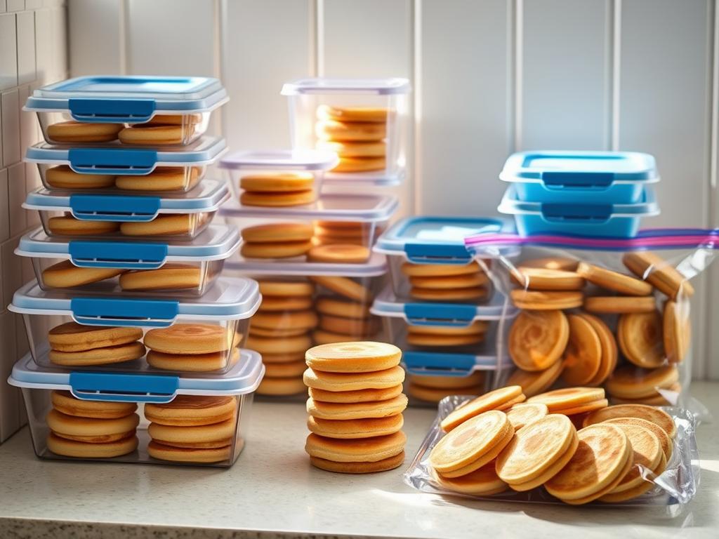 A neatly organized kitchen counter, with various storage containers and freezer bags arrayed in a visually appealing arrangement. The containers are filled with an assortment of mini pancakes, some stacked, others arranged individually. Soft, natural lighting illuminates the scene, casting gentle shadows and highlighting the textures of the items. The background is slightly blurred, placing the focus on the organized storage solutions and the delectable mini pancakes. The overall mood is one of efficiency, tidiness, and mouth-watering anticipation.