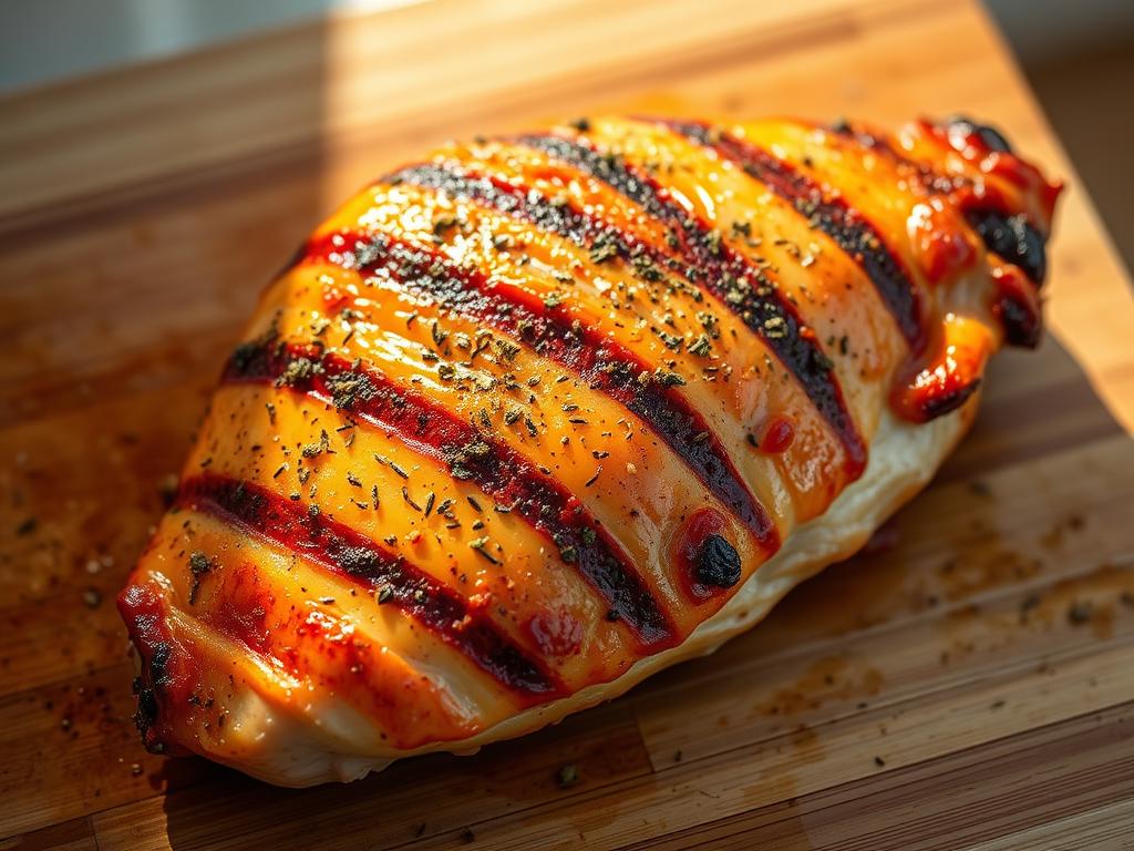 A perfectly grilled chicken breast, its golden-brown skin glistening under warm, natural lighting. The succulent meat gently pulls away from the bone, revealing a delicate pink interior. Fragrant herbs and spices coat the surface, creating a tantalizing blend of flavors. The chicken rests atop a simple wooden cutting board, framed by a minimalist background that allows the main subject to take center stage. This image captures the essence of proper seasoning, showcasing how the right balance of seasonings can transform a humble piece of chicken into a mouthwatering culinary delight.