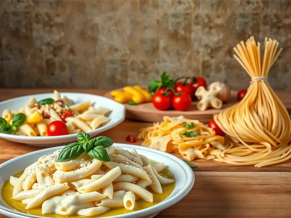 A perfectly lit still life showcasing a variety of delectable pasta dishes and their serving suggestions. In the foreground, a creamy white sauce pasta dish garnished with fresh basil, grated parmesan, and a drizzle of high-quality olive oil. In the middle ground, a variety of pasta shapes - penne, farfalle, and spaghetti - arranged elegantly on a wooden table, accompanied by vibrant cherry tomatoes, sautéed garlic, and fresh herbs. The background features a rustic, textured wall, providing a warm, inviting atmosphere. The lighting is soft and diffused, highlighting the rich, creamy texture of the white sauce and the vibrant colors of the garnishes. The overall composition conveys a sense of refined, yet approachable, Italian cuisine.