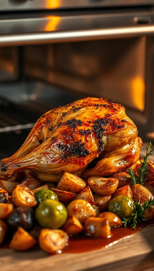 A perfectly roasted, golden-brown bone-in chicken thigh sits atop a bed of crispy, herb-infused potatoes, with a side of roasted Brussels sprouts and a drizzle of rich pan sauce. The scene is bathed in warm, soft lighting, casting a cozy, inviting atmosphere. A stainless steel oven in the background reflects the scene, while a sharp, professional-grade knife and a few sprigs of fresh thyme suggest the careful preparation and attention to detail that went into this delectable dish.
