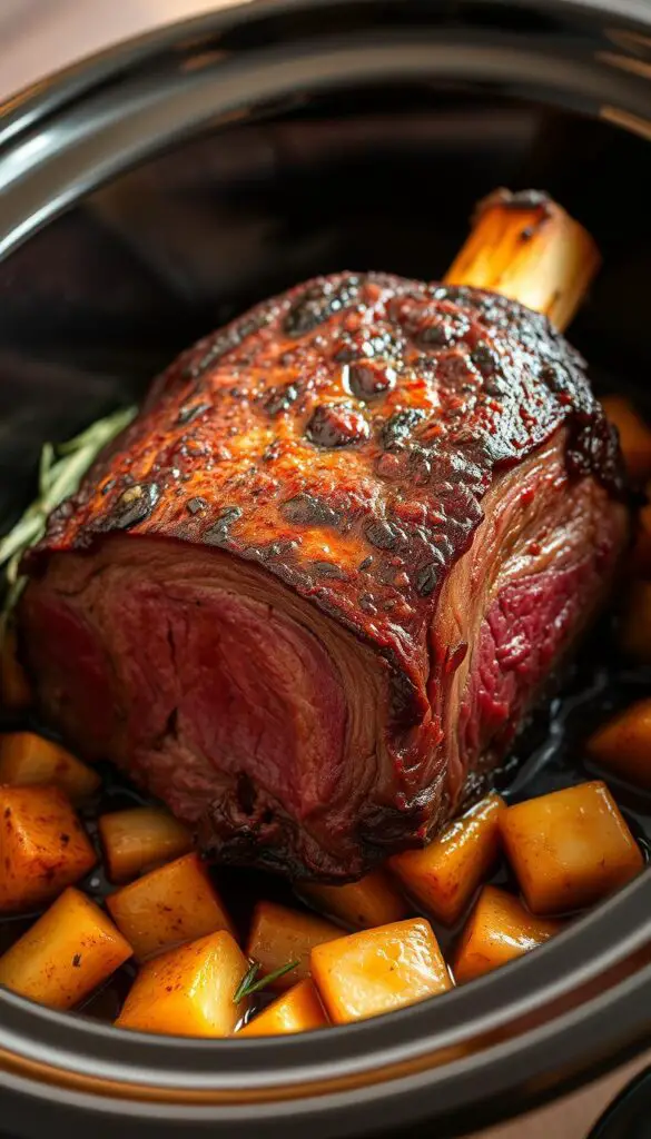 A perfectly seared roast beef, glistening with a rich, caramelized crust, resting atop a bed of tender vegetables in a classic crock pot. The aroma of rosemary, garlic, and hearty red wine fills the air, inviting you to savor the flavorful, fork-tender meat. The lighting casts a warm, golden glow, highlighting the succulent layers and the rich, velvety sauce that coats the roast. The camera angle captures the dish at eye level, showcasing the depth and complexity of this delectable crock pot creation, ready to be served as the centerpiece of a comforting, homemade meal.